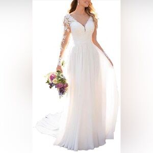 Wedding Dress with Lace Appliques Chiffon A Line Long Sleeve White Size 14